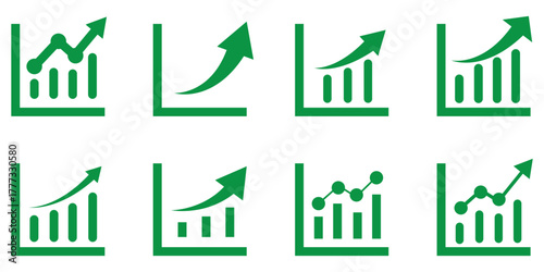 Growth icon set. Containing arrow up, growing graph, business chart icons. Vector illustration.