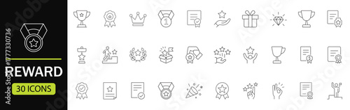 Reward & Achievement Icon set. Features icons of conquer, award, Certificate, and competition. Perfect for gamification, loyalty programs, and success reports.
