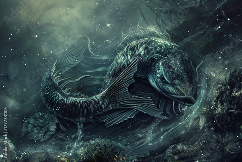 Concept of Pisces zodiac sign symbol, abstract vivid composition consists of fictional unreal fantastic vision on background