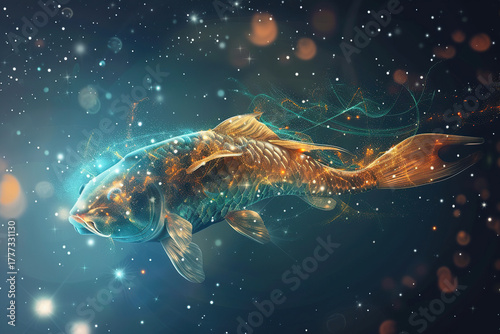 Concept of Pisces zodiac sign symbol, abstract vivid composition consists of fictional unreal fantastic vision on background