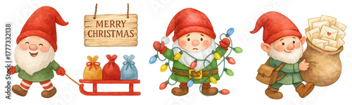 Cute Christmas gnomes PNG clipart set — Nordic watercolor elves with fairy lights, Santa letters, gift bags and Merry Christmas sign, winter holiday characters, isolated on transparent background