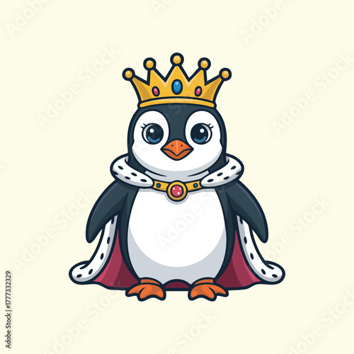 Cute Cartoon Penguin King/Queen with Crown and Robe, Royal Penguin Mascot, Penguin in Coronation Robes, Emperor Penguin King Character, penguin, illustration, vector