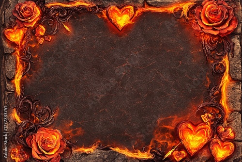 Volcanic ember frame with molten hearts creating a fiery romantic atmosphere for special events