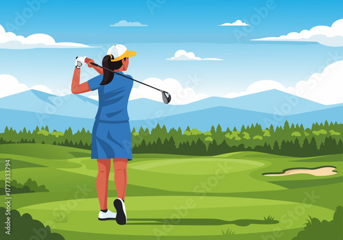 Golf Course Lady A Female Golfer Swinging on a Verdant Green