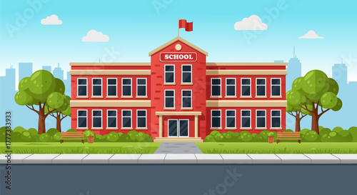 Flat design illustration of a classic red school building standing proudly in an urban setting, surrounded by green trees and a distant cityscape, ideal for educational content