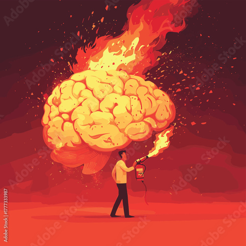 Stressed Businessman Uses Fire Extinguisher on Flaming Brain, Metaphor for Managing Mental Health, Burnout, Overload, and Workplace Pressure Vector Illustration