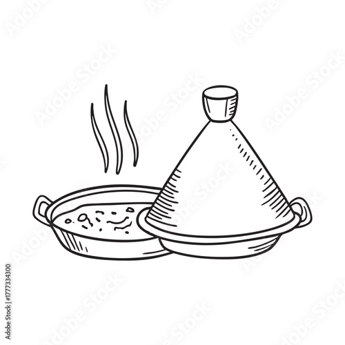 Conical tagine lid set next to steaming food