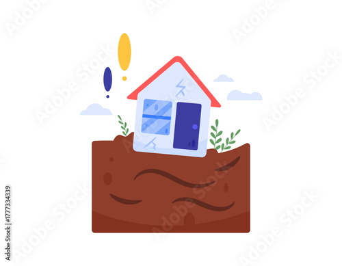 Landslide warning concept. Earthquake impact. Illustration of a cracked and damaged house due to the shifting ground beneath the house. Natural disaster. Flat style design. White background