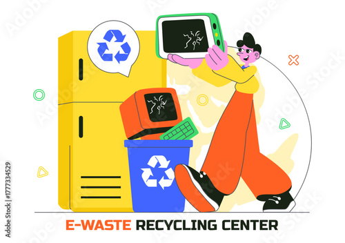 E-Waste Recycling Center Vector Illustration Featuring Electronic Waste Management and Proper Processing of Technological Rubbish In a Background