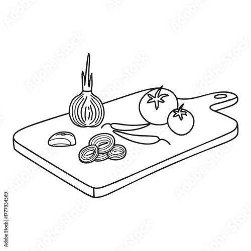 Cutting board displaying chopped tomatoes peppers and onions