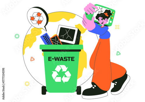 E-Waste Recycling Center Vector Illustration Featuring Electronic Waste Management and Proper Processing of Technological Rubbish In a Background