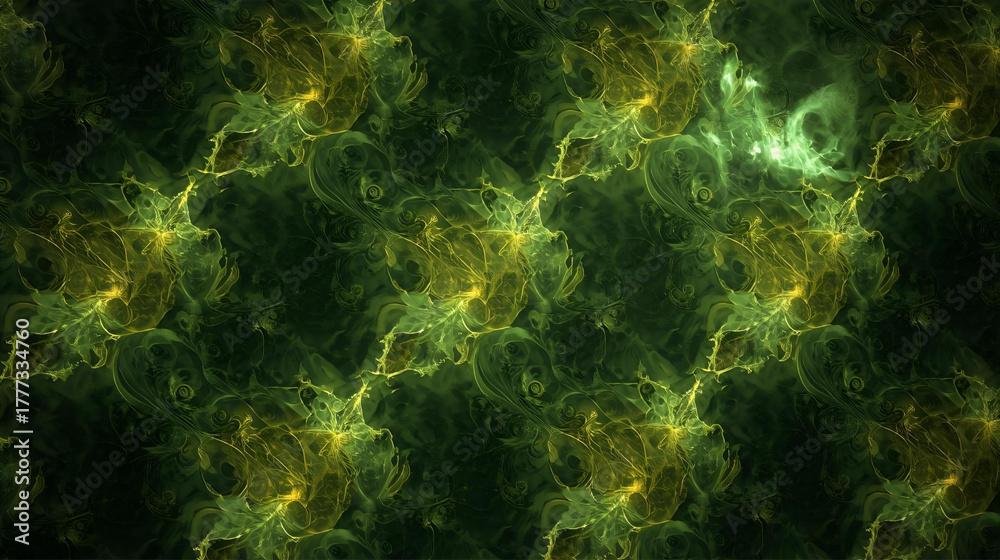 Obraz premium Radiant green fractal leaf pattern with glowing center and star shapes. 