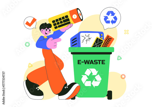 E-Waste Recycling Center Vector Illustration Featuring Electronic Waste Management and Proper Processing of Technological Rubbish In a Background