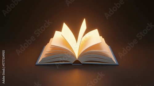 Glowing book with open pages illuminated against dark background
