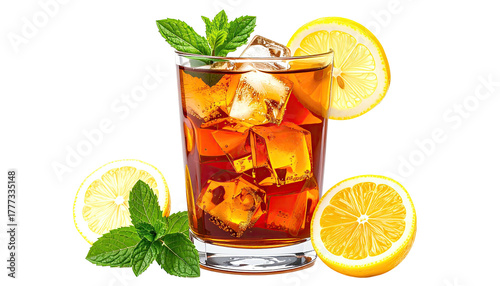 Iced tea, with lemon slices and mint, glass, refreshing drink