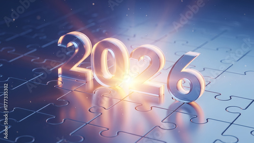 A bright 2026 number on a complex blue puzzle, a clean background for a financial forecast, a market outlook report or a business investment strategy