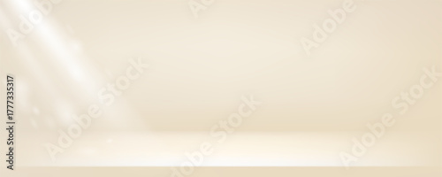 Studio room nude colors gradient background. Light neutral wall product room. Minimal beige pastel table scene. Empty ivory shelf or desk stage for presentation. Vector illustration.