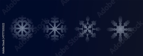 Snowflake white grain noise gradient. Winter grainy gradation frost crystal elements set. Xmas gritty symbols. Vector stipplism halftone frozen shapes illustration on transparent background.