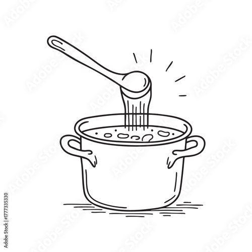 Deep pot with a ladle lifting vegetable broth