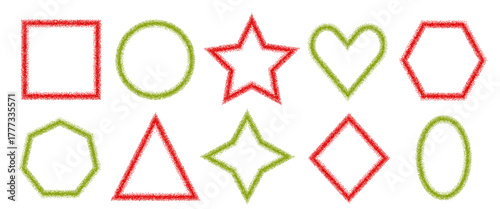 Red and green peppers geometric icon frames. Spicy powder lines borders. Vector illustration set of paprika and wasabi particle in oval, round noise texture forms. Matcha and masala callouts shapes.