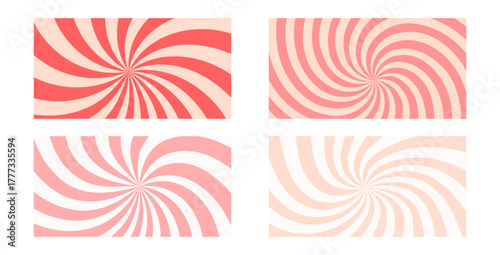 Swirl pink candy patterns simple set. Cream texture starburst background. Retro spiral sun rays backdrop. Abstract girly illustration. Vector wavy dynamic lines. Carnival stripes vintage design.