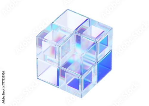 Abstract iridescent glass cube, geometric design, 3d render