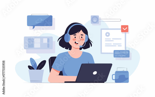 Friendly customer service representative with headset assisting clients online, perfect for illustrating tech support and virtual communication in your project