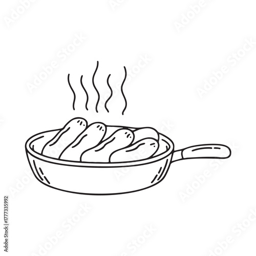 Hot pan holding sausages cooked in spices