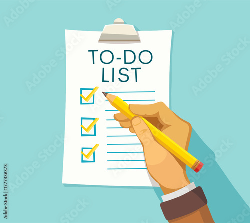 Hand writing on todo list with pencil cartoon vector illustration. Organization and planning concept. Writing down notes and tasks on todo list using sharp pencil, diligently jotting down