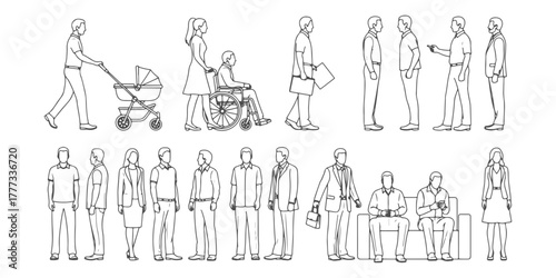 CAD Drawings. Side and front views of diverse people in different activities such as walking, standing, and sitting isolated on white background. Vector illustration.