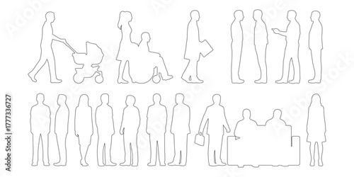 CAD Drawings. Side and front views of diverse people outline in different activities such as walking, standing, and sitting isolated on white background. Vector illustration.