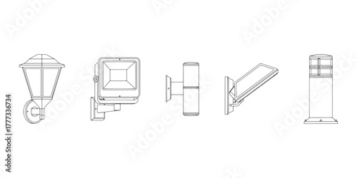 CAD Drawings. Side views of diverse outdoor illumination fixtures including garden lamps, floodlights, wall-mounted lights, bollards isolated on white background. Vector illustration.