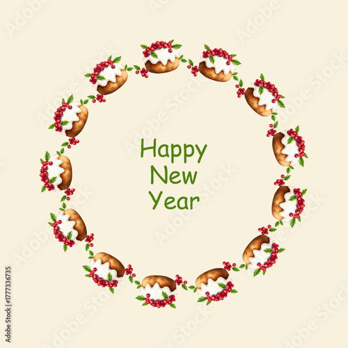 Simple round frame for Christmas. Watercolor illustration of Christmas pudding with white glaze, with viburnum berries. Round vector design with soft colors, perfect for winter decorations, banners