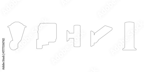 CAD Drawings. Side views of diverse outdoor illumination fixtures outline including garden lamps, floodlights, wall-mounted lights, bollards isolated on white background. Vector illustration.