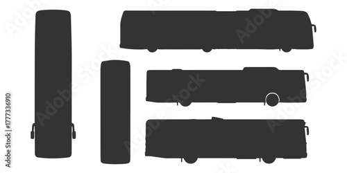 CAD Drawings. Top view of different buses silhouette isolated on white background. Vector illustration.