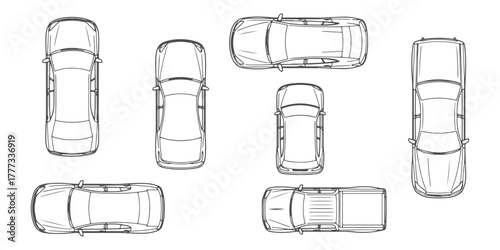 CAD Drawings. Top view of various cars isolated on white background. Vector illustration.