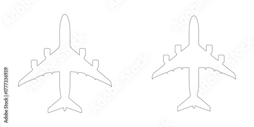 CAD Drawings. Top view of various commercial airplanes outline isolated on white background. Vector illustration.