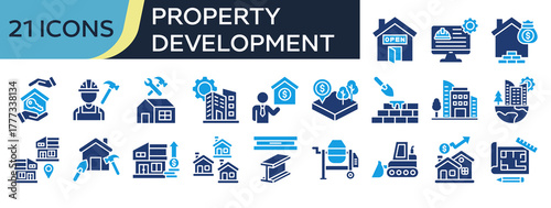 Collection of Property Development icons, related to Work In Progress, Builder, Home Repair, Facility Management, Infrastructure and more. Solid icons vector illustation.