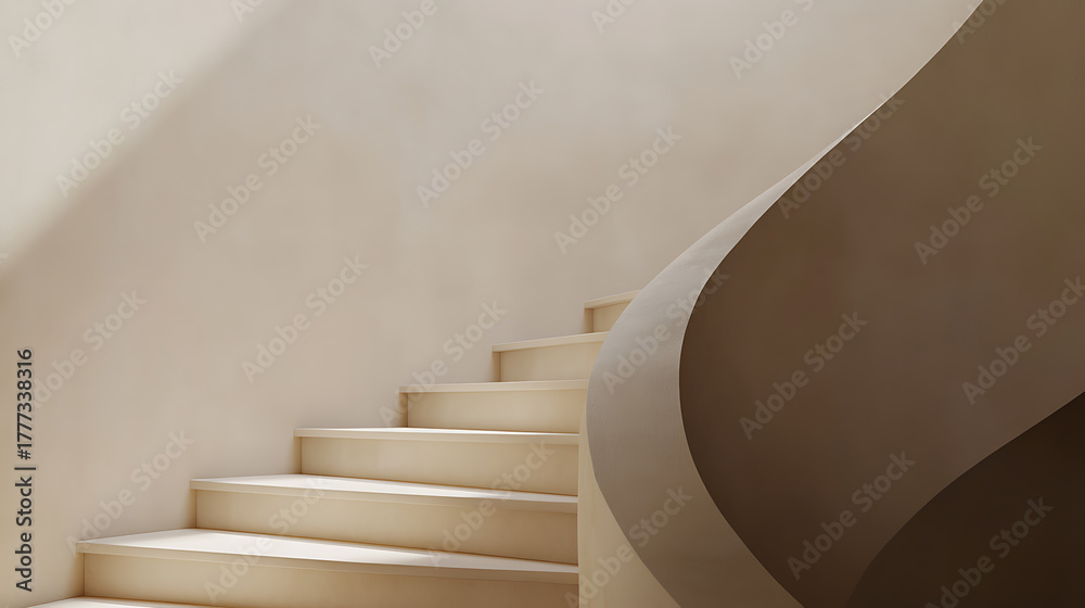 Naklejka premium Minimalist stairway with cream-colored steps ascends to an unseen upper level, complemented by a curved wall, creating a seamless flow and modern aesthetic. Elegant design.