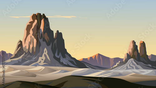 Dramatic desert landscape at sunset with towering rock formations and sand dunes