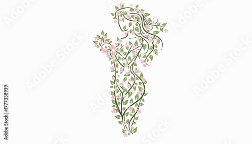 Botanical silhouette of a pregnant woman, gracefully formed by green branches and gentle pink blossoms, symbolizing natural growth, feminine beauty, and the cycle of life