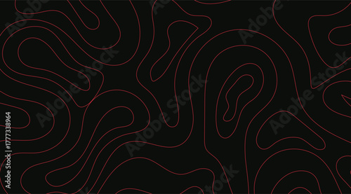 A striking abstract pattern features winding, coral-colored lines gracefully flowing across a deep black background, creating a visually captivating and modern topographic design