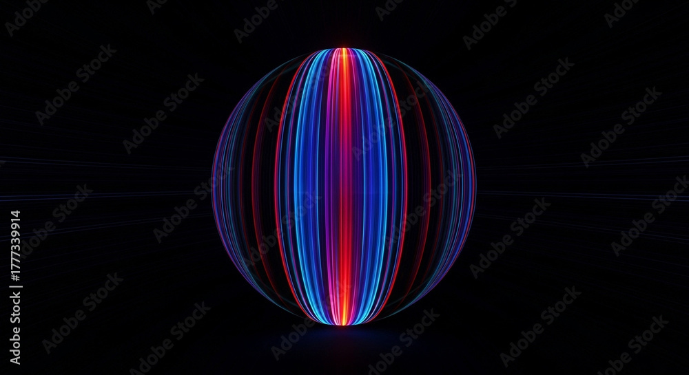 Fototapeta premium Abstract glowing sphere with blue and red light streaks on a black background, futuristic digital art
