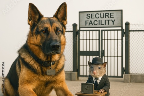 German shepherd guarding secure facility with mouse in suit at desk