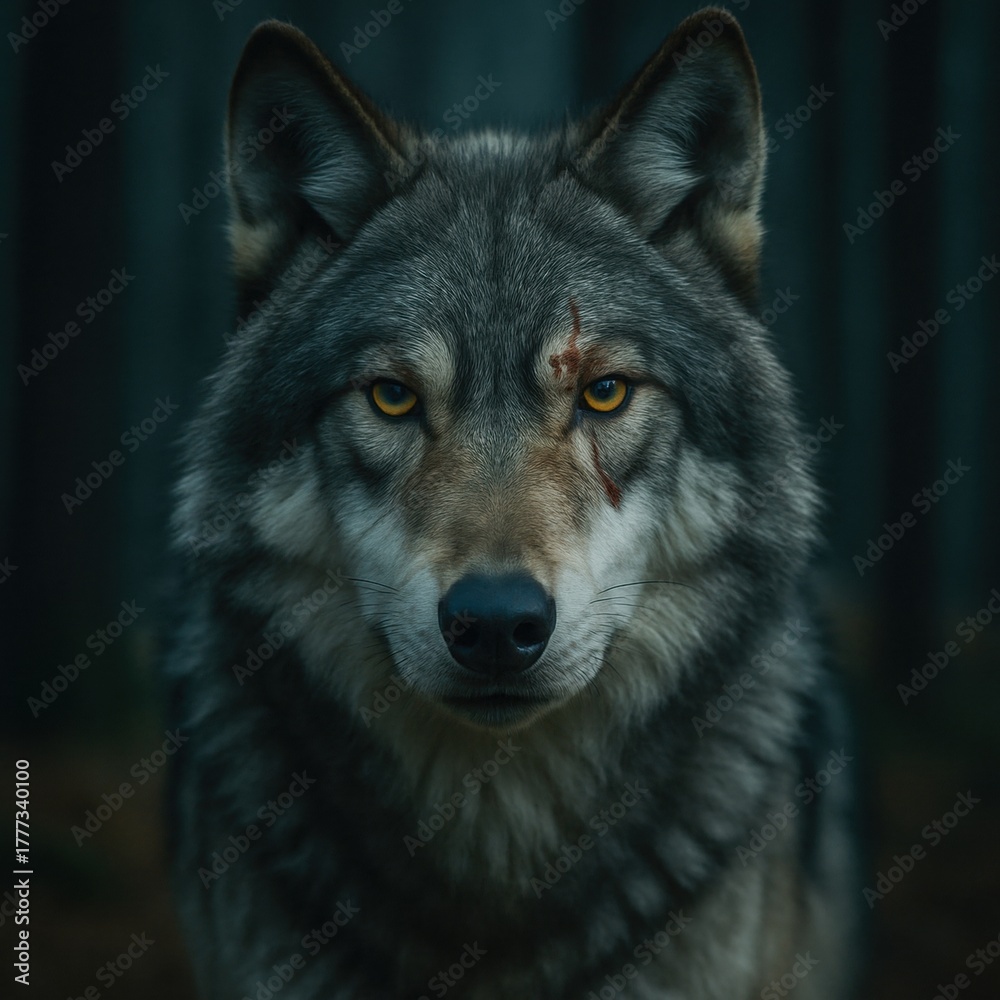 Fototapeta premium Gray wolf with scar looking directly in dark forest environment