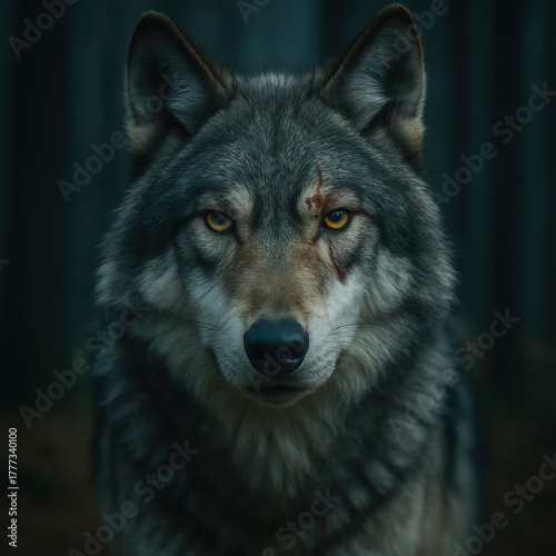 Gray wolf with scar looking directly in dark forest environment