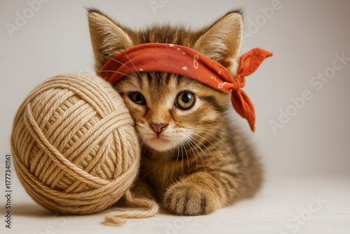 Kitten wearing red bandana playing with yarn ball on neutral background