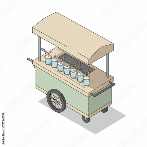 Isometric Detailed Drink Cart with Cups Illustration, Portable Food Stall Design