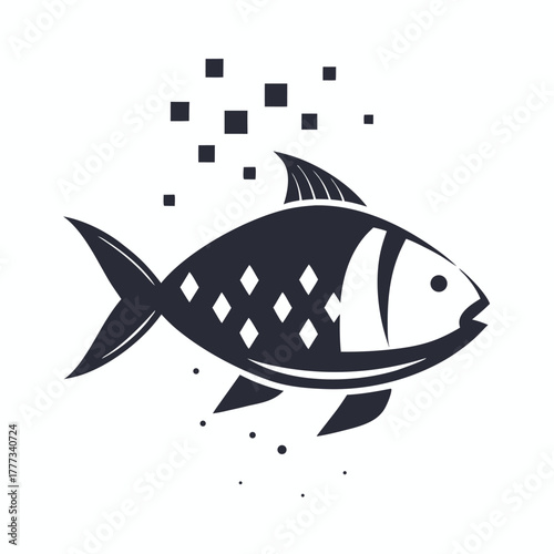 Minimalist Flat Fish Icon with Diamonds and Bubbles on White Background