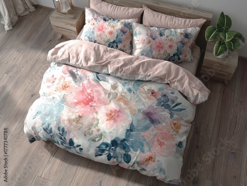 Top-down shot of a beautifully made bed featuring soft floral patterns, accented by wooden nightstands in a cozy, well-lit bedroom.